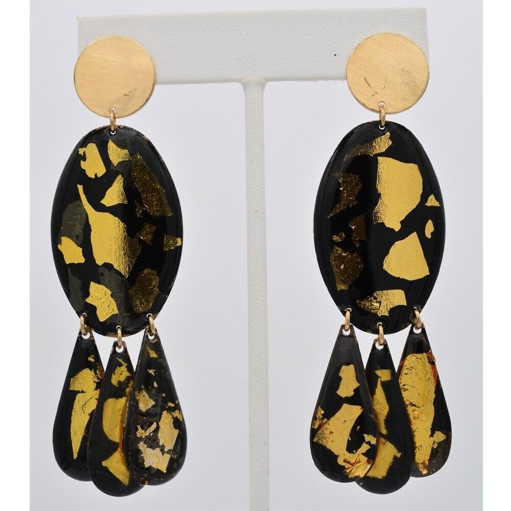 Vintage Dangle Earrings Gold Flake Laminate Black Heavy Chunky 1980s Bin7